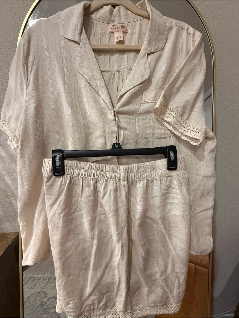 Japna Cream Short Sleeve Button Pajama Set with Lace Accents - Picture 5 of 9